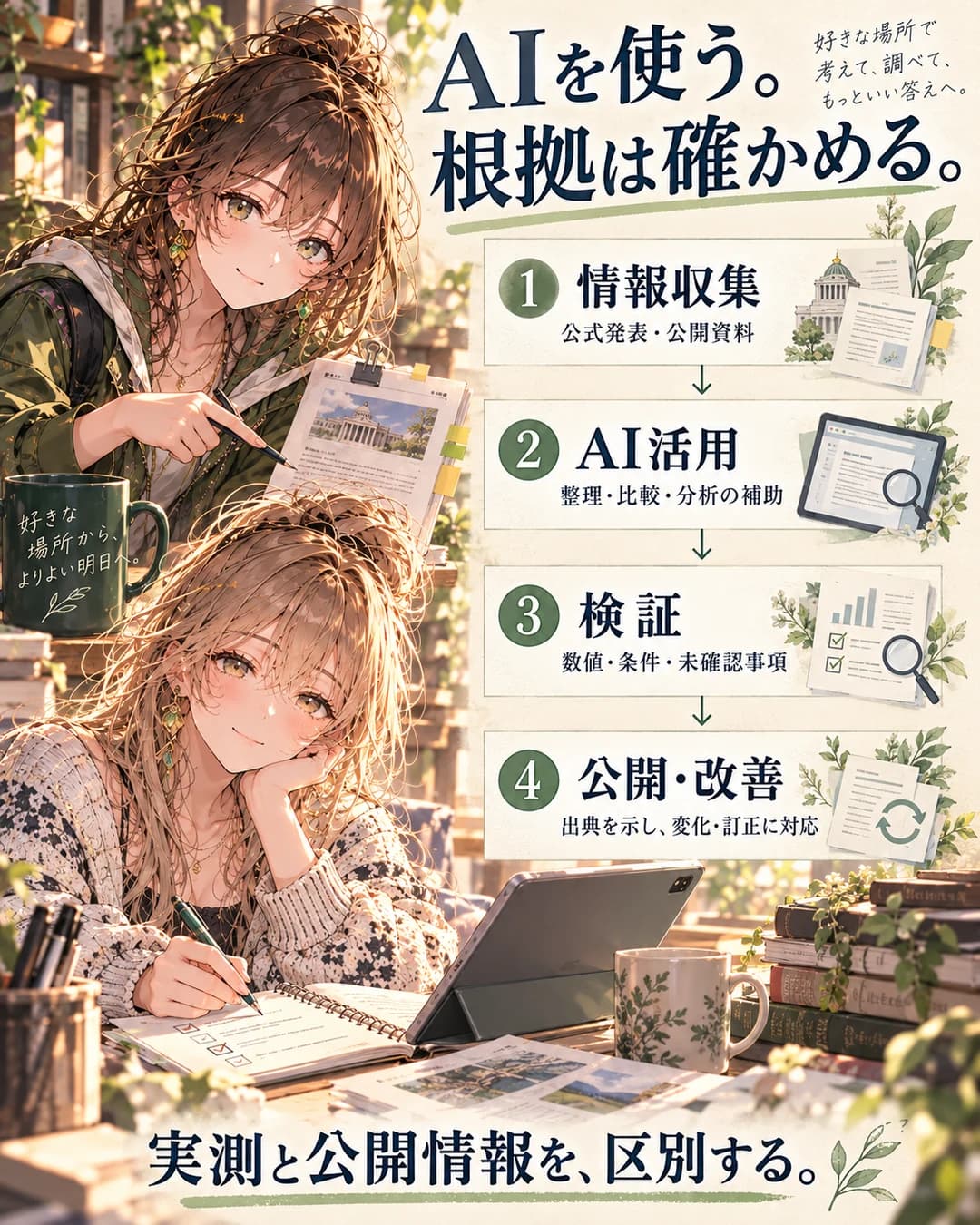 公式発表・公開資料の収集、AIによる整理・比較・分析の補助、数値・適用条件・未確認事項の検証、出典を示して変化や訂正に対応する4工程。実測と公開情報を区別する。