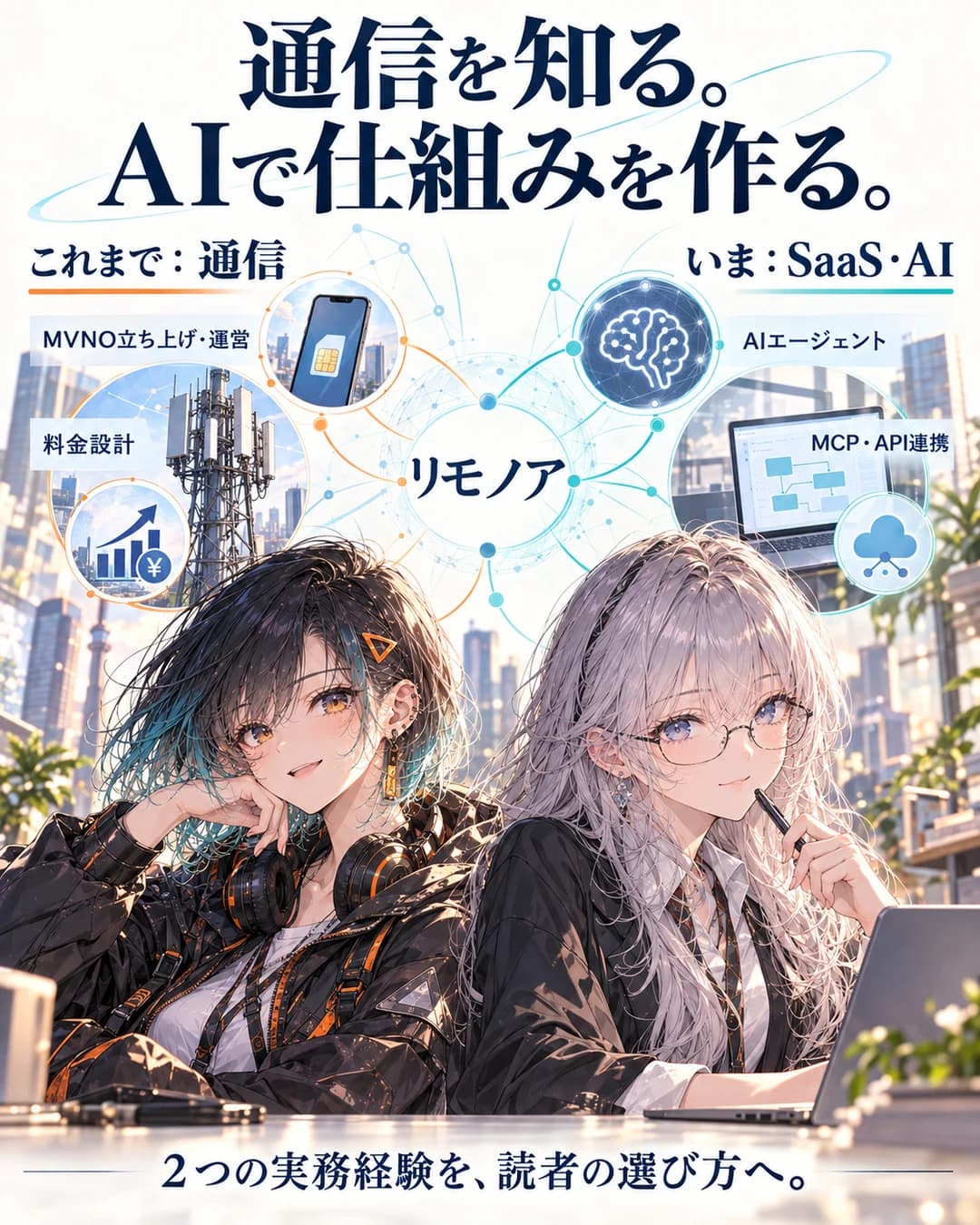 これまでのMVNO立ち上げ・運営と料金設計、現在のSaaS・AIエージェント・MCP/API連携という2つの経験がリモノアで交わり、読者の選び方に生かされる図。