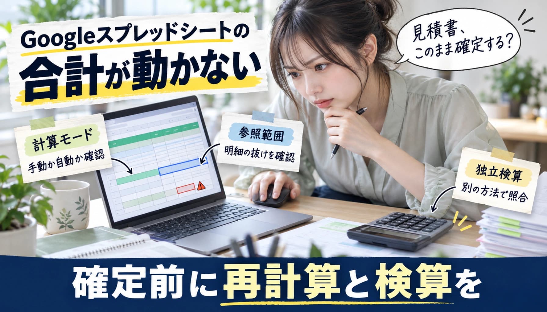 Googleスプレッドシートの合計が更新されない?手動計算の確認・解除と確定前の検算のヒーロー画像