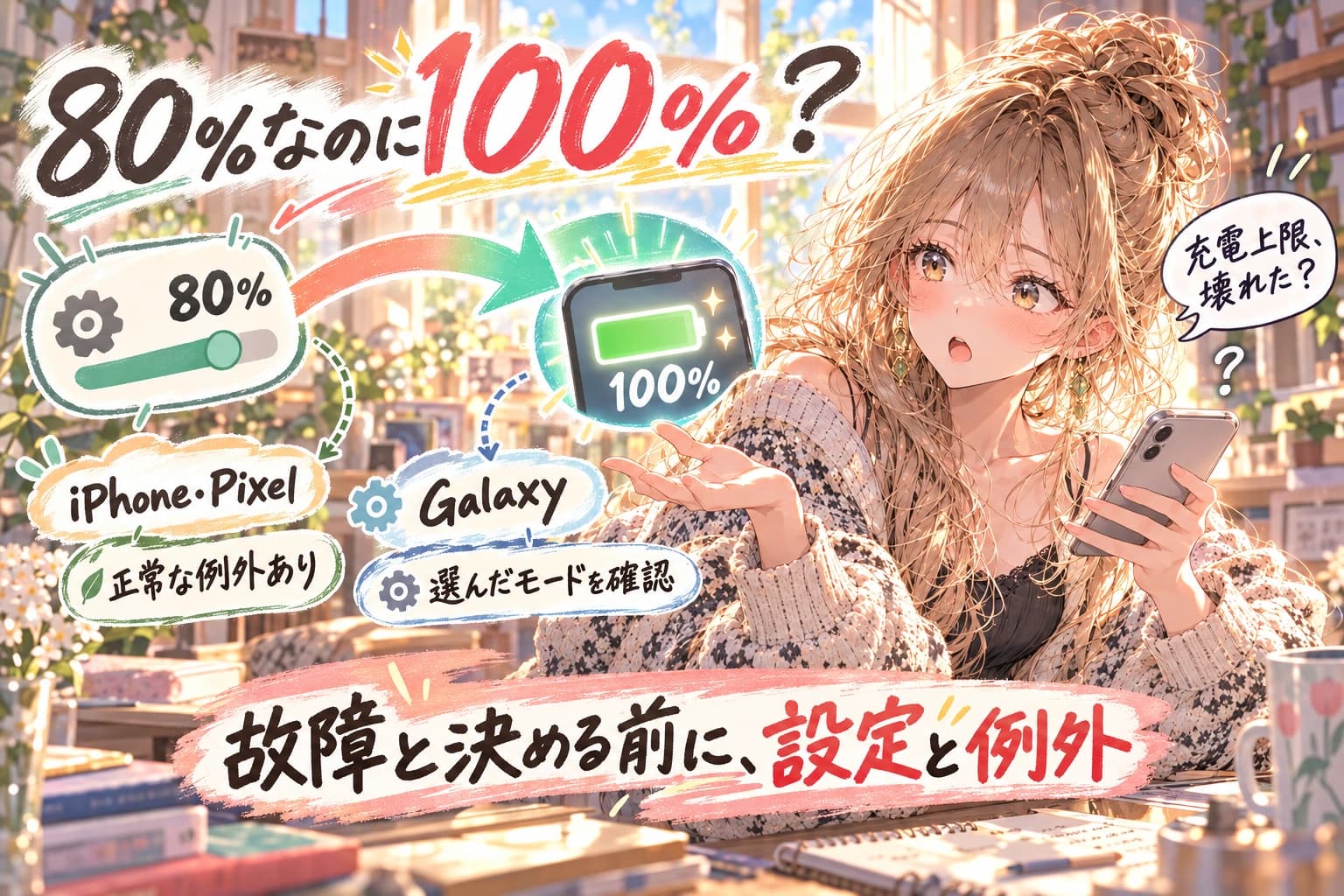 80%上限なのに100%まで充電されるのは故障?iPhone・Pixel・Galaxyの確認順