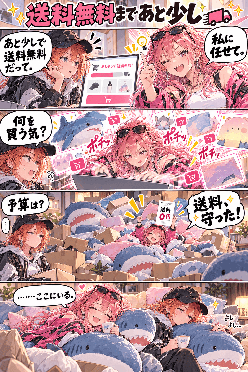 送料無料を目指して巨大なサメのぬいぐるみまで買ったRG01に、RG05が予算を問いかける。