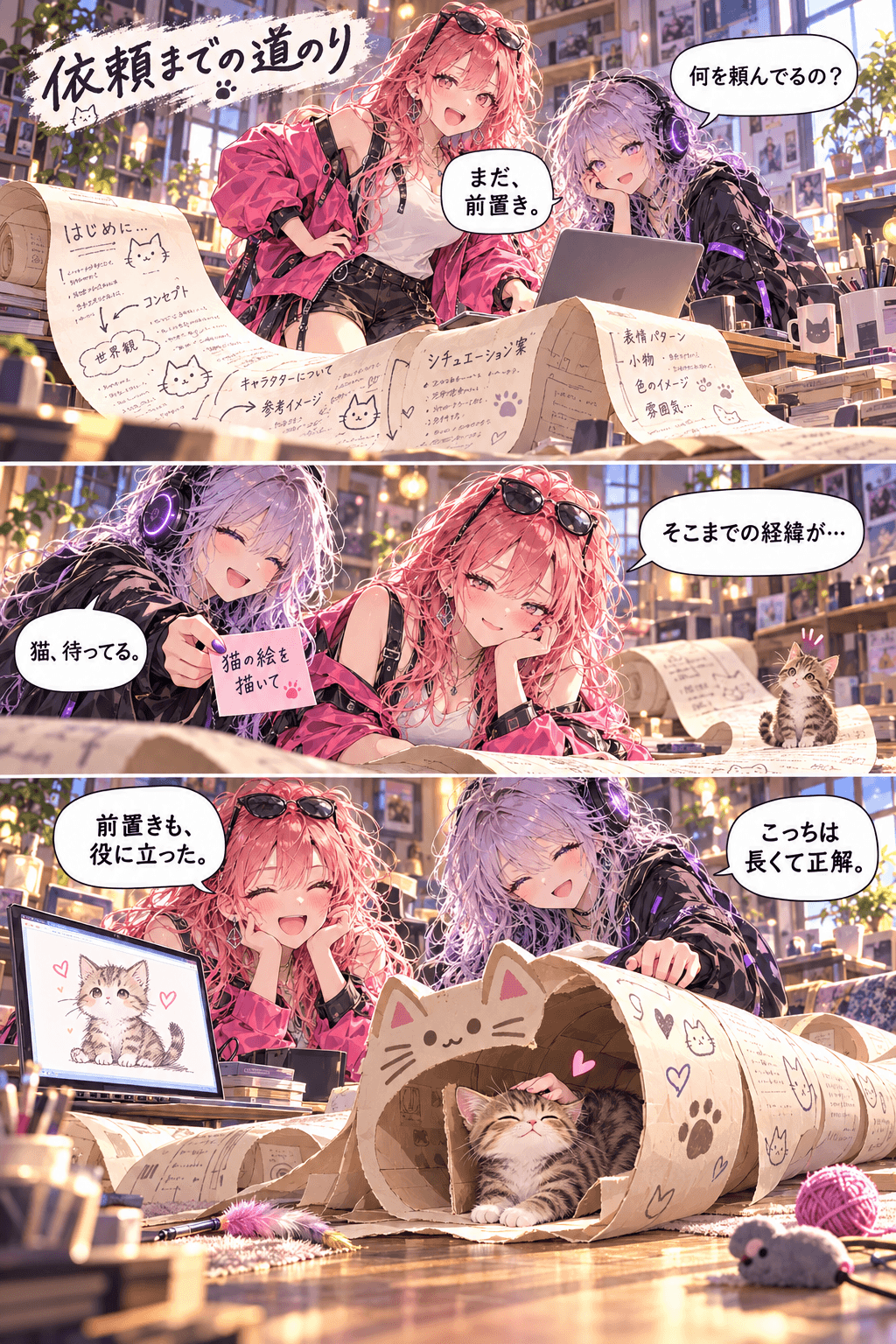 猫の絵の依頼に長大な前置きを書いたRG01。RG06と短く依頼した後、長い紙は子猫のトンネルになる。