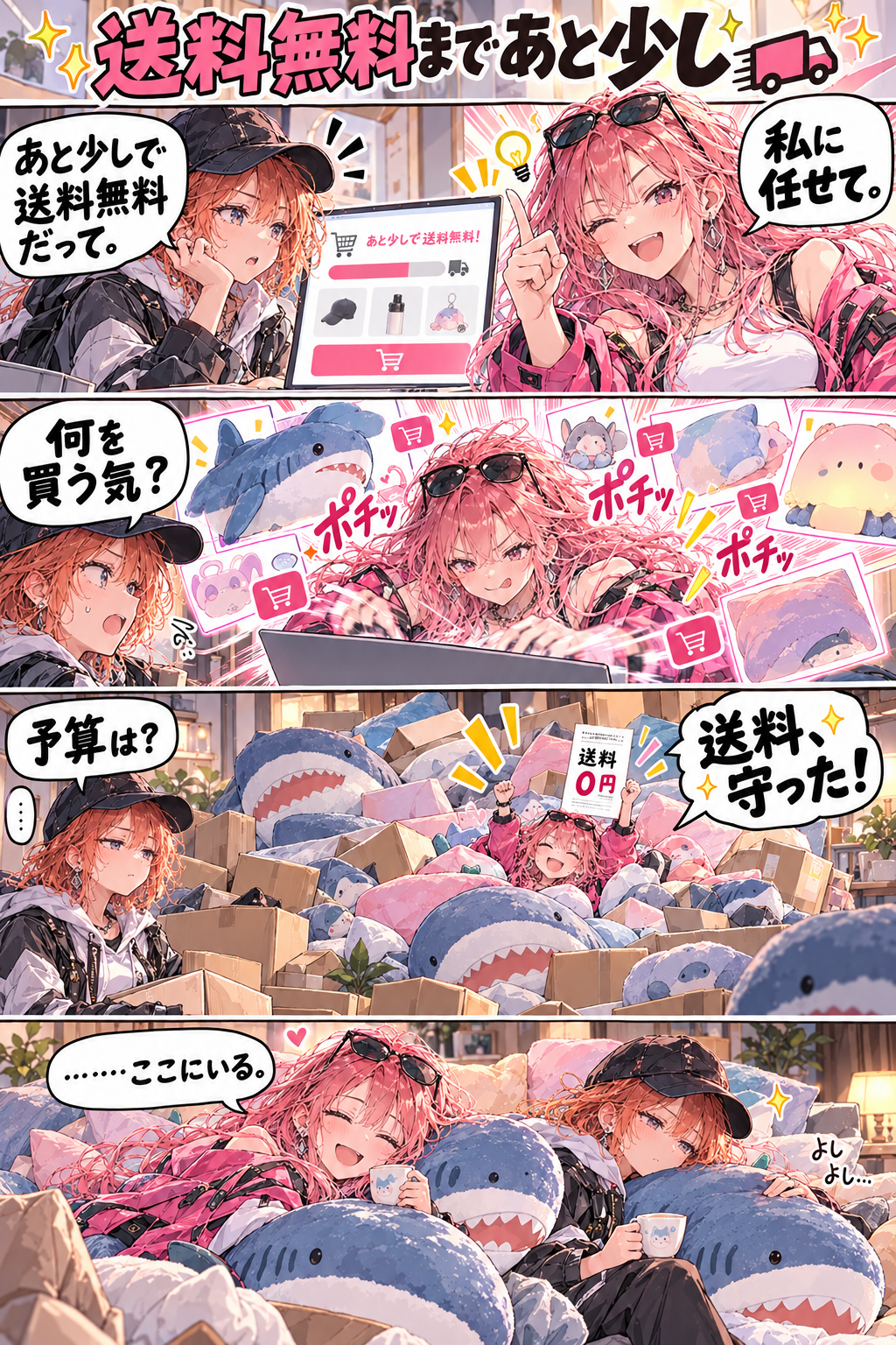 送料無料を目指して巨大なサメのぬいぐるみまで買ったRG01に、RG05が予算を問いかける。