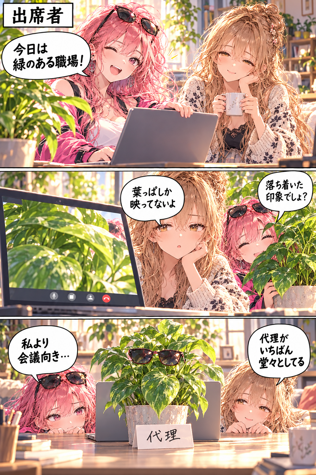 緑のある職場にしたらカメラが葉で隠れ、観葉植物にサングラスと代理の札を置いて二人で覗く。