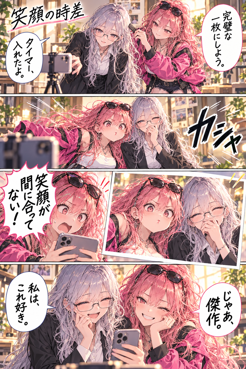 セルフタイマーに笑顔だけ遅刻したRG01。RG03は自然な表情の失敗写真を気に入る。