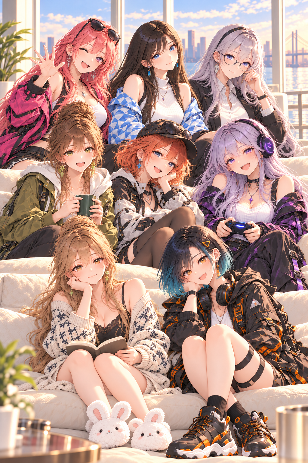 明るい窓辺のソファに集まった8人のリモノアガールズ