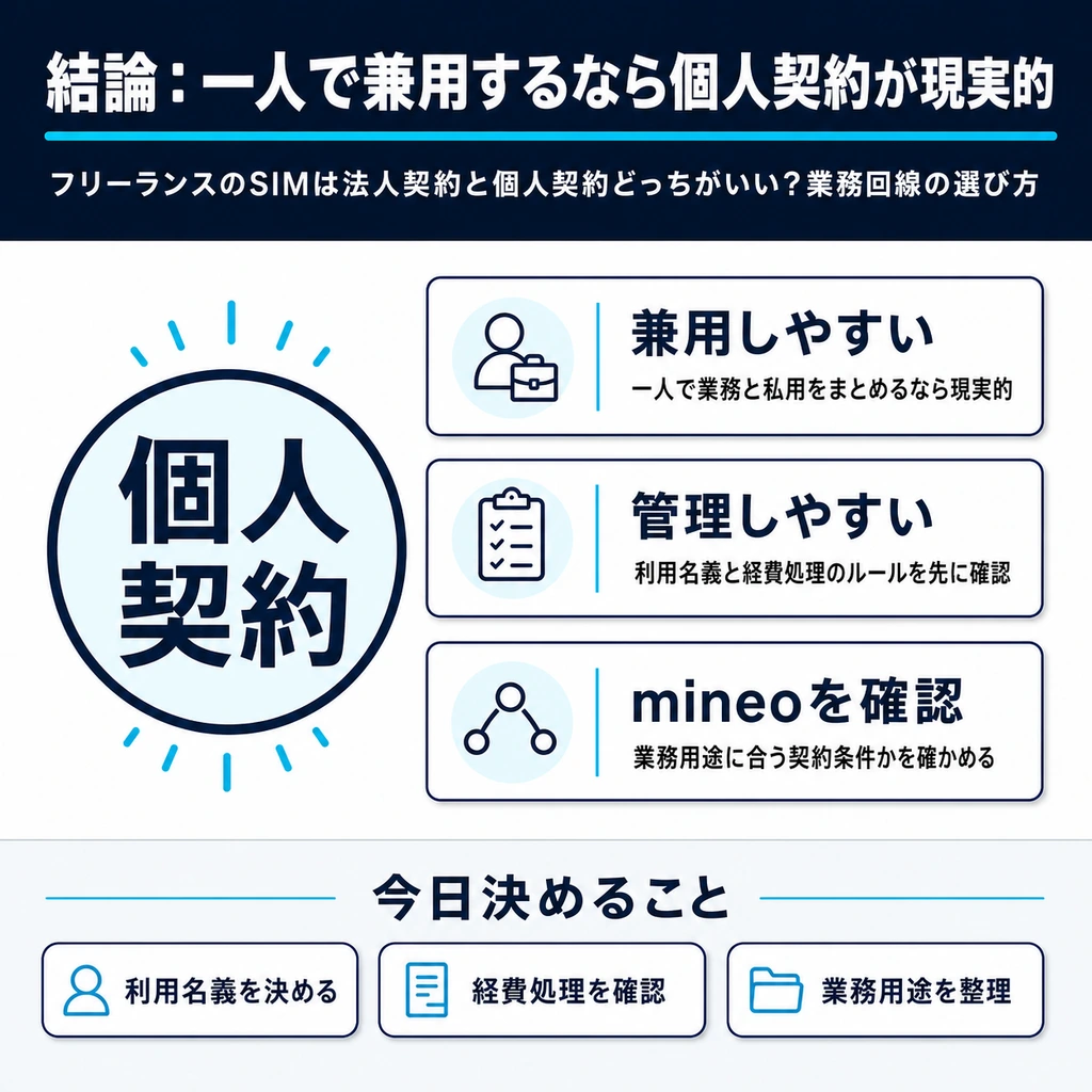 結論：一人で兼用するなら個人契約が現実的の図解