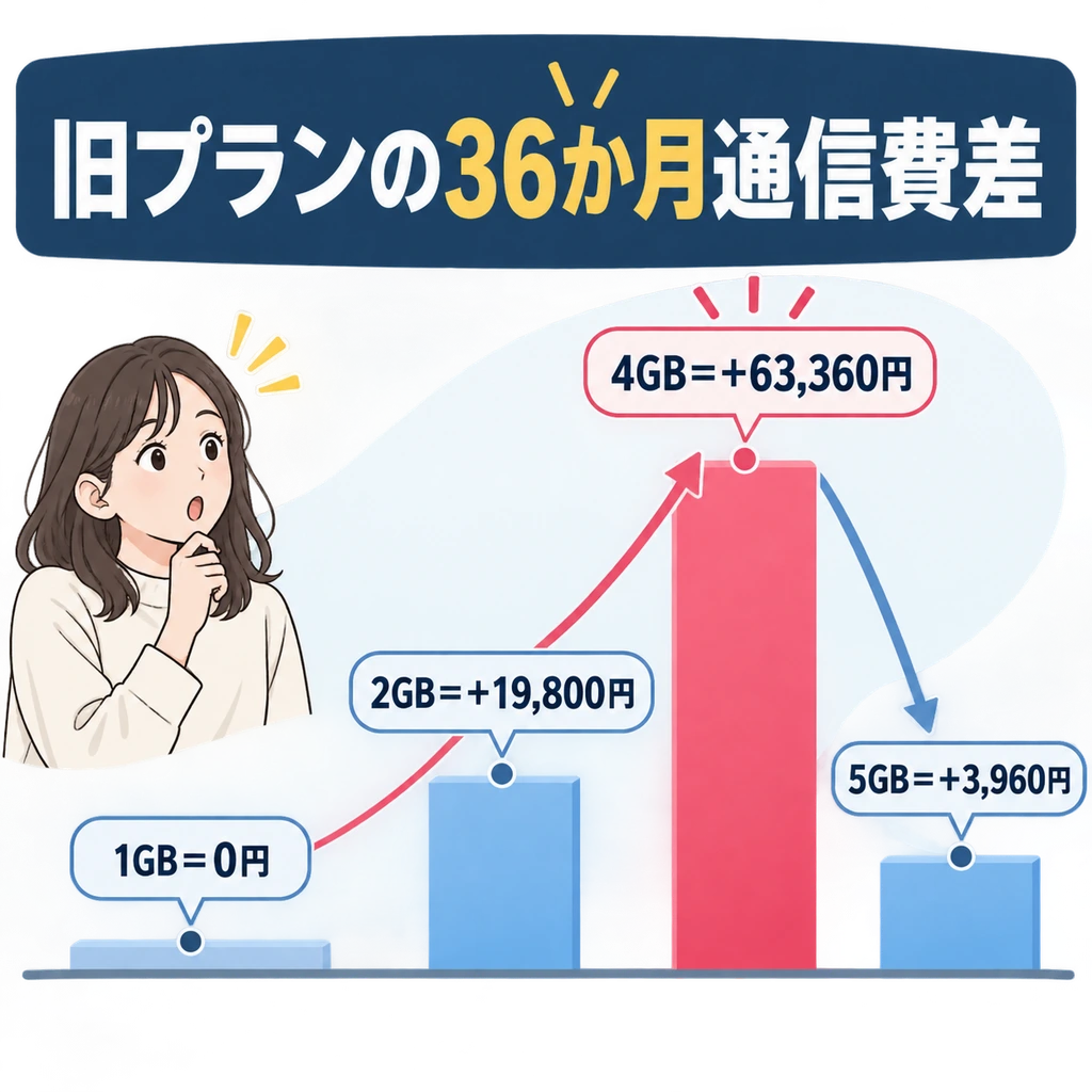 使用量によって36か月の差額は0円から6万円超まで変わる