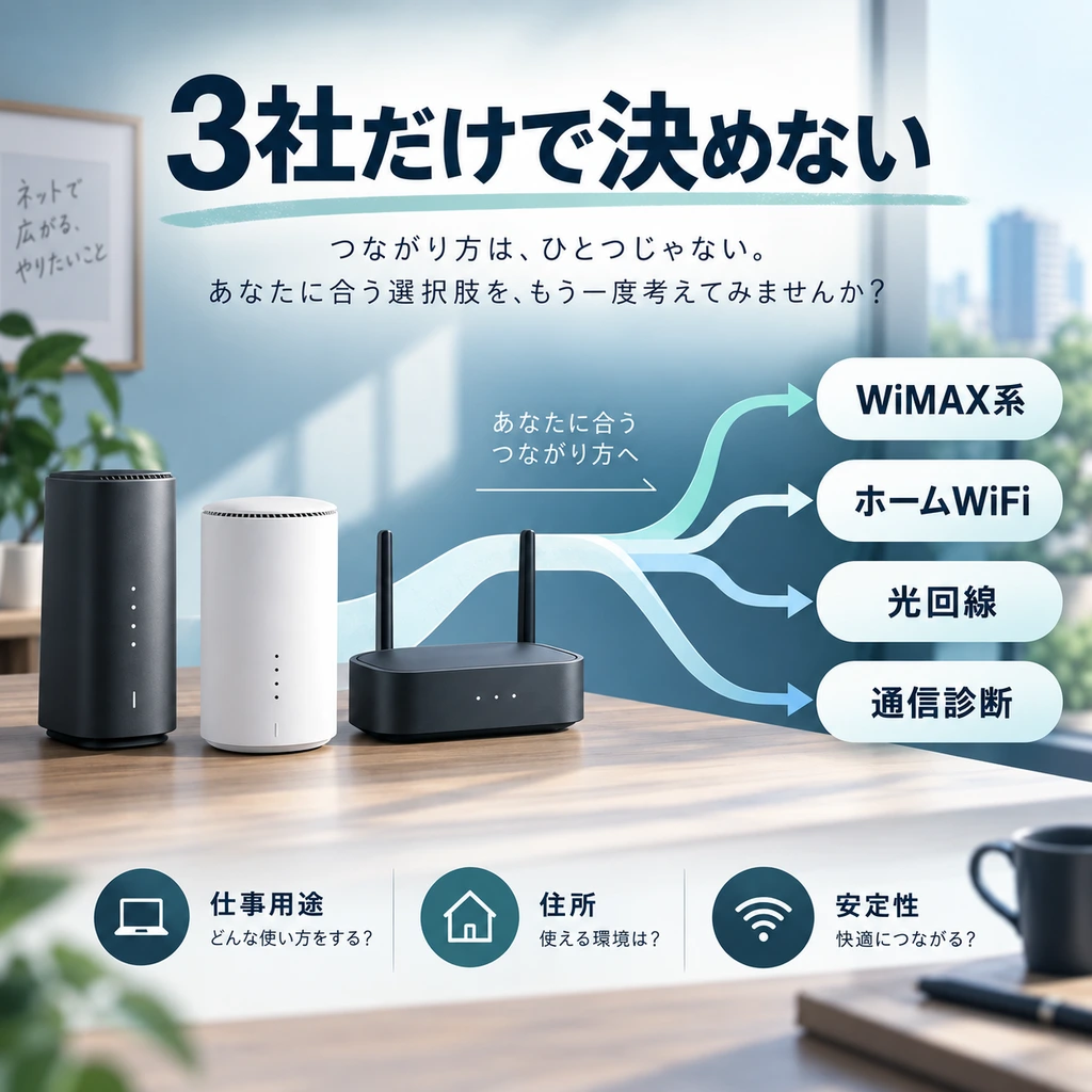3社以外にWiMAX系・ホームWiFi・光回線・通信診断へ選択肢を広げる図