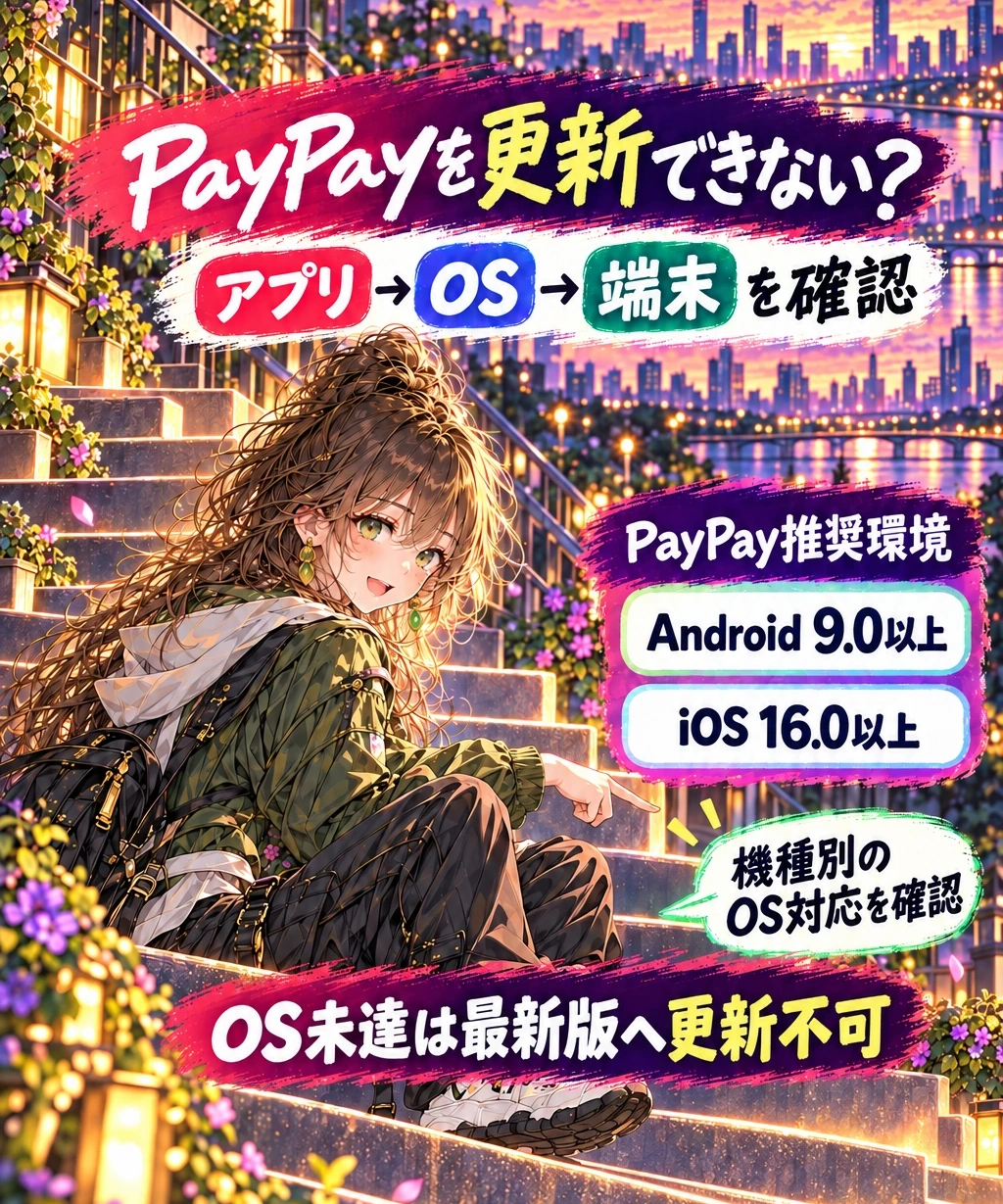 更新できないときは、アプリ→OS→端末の順にたどる