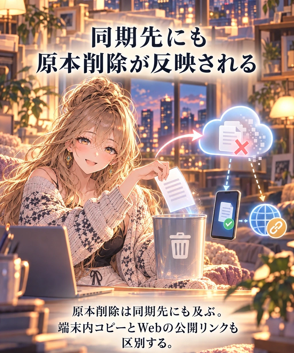 原本の削除は同期先にも反映され、端末コピーとWeb公開リンクは区別する図