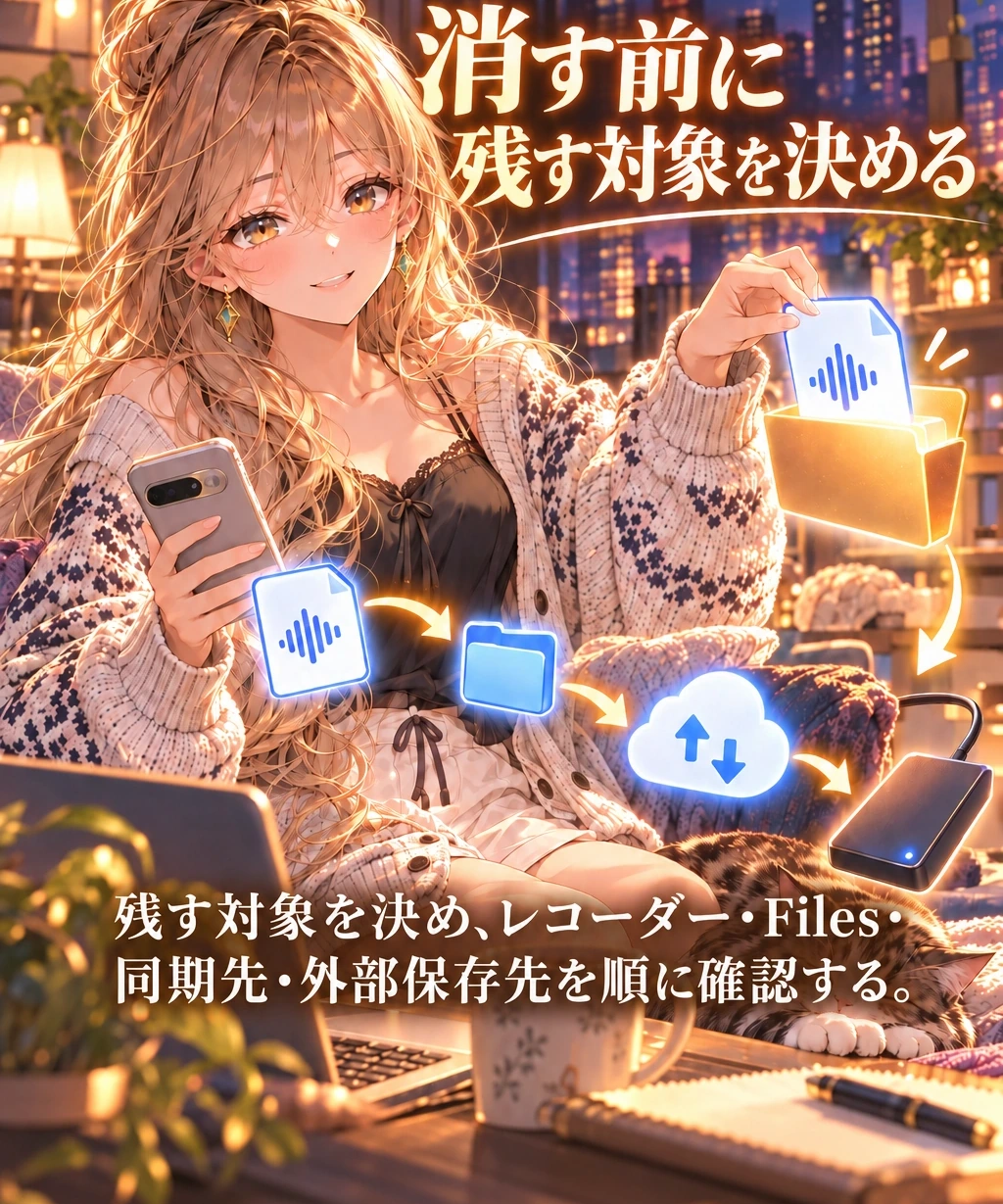 残す録音を決めてからレコーダー、Files、同期先、外部保存先を確認する図