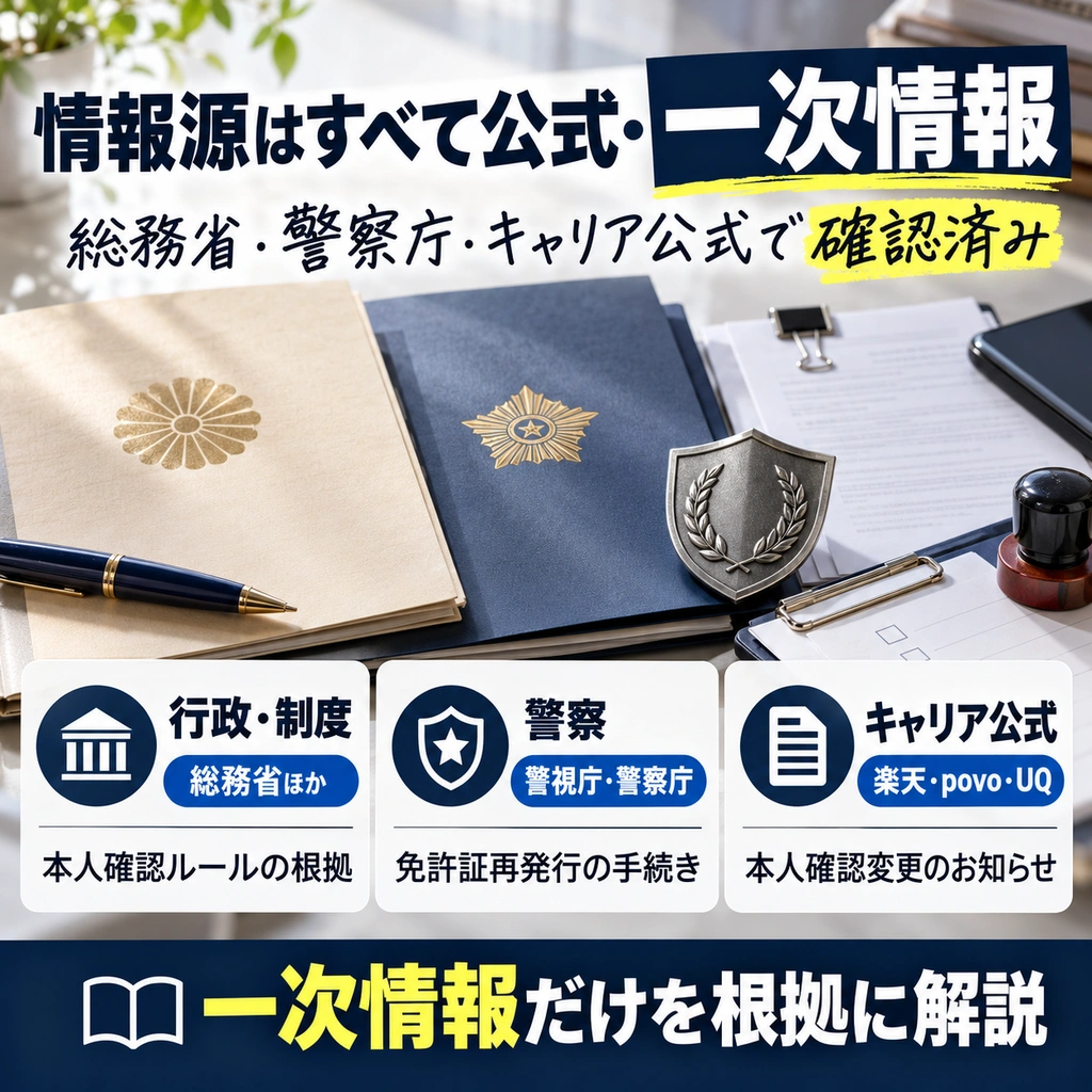 総務省・警察庁・楽天モバイルなどキャリア公式の3カテゴリで情報源を整理し、この記事が一次情報のみで検証されていることを示すSNS向け解説ポスター