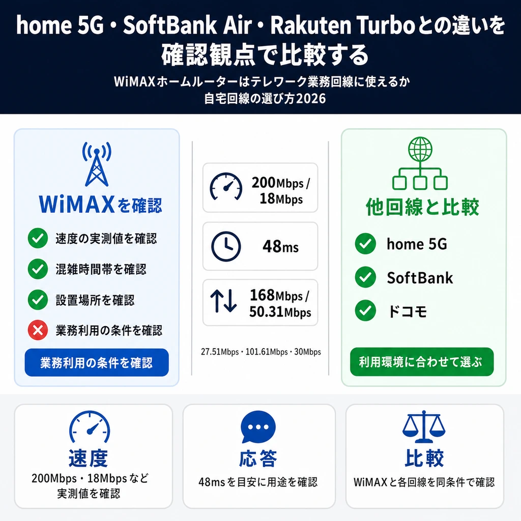 home 5G・SoftBank Air・Rakuten Turboとの違いを確認観点で比較するの図解