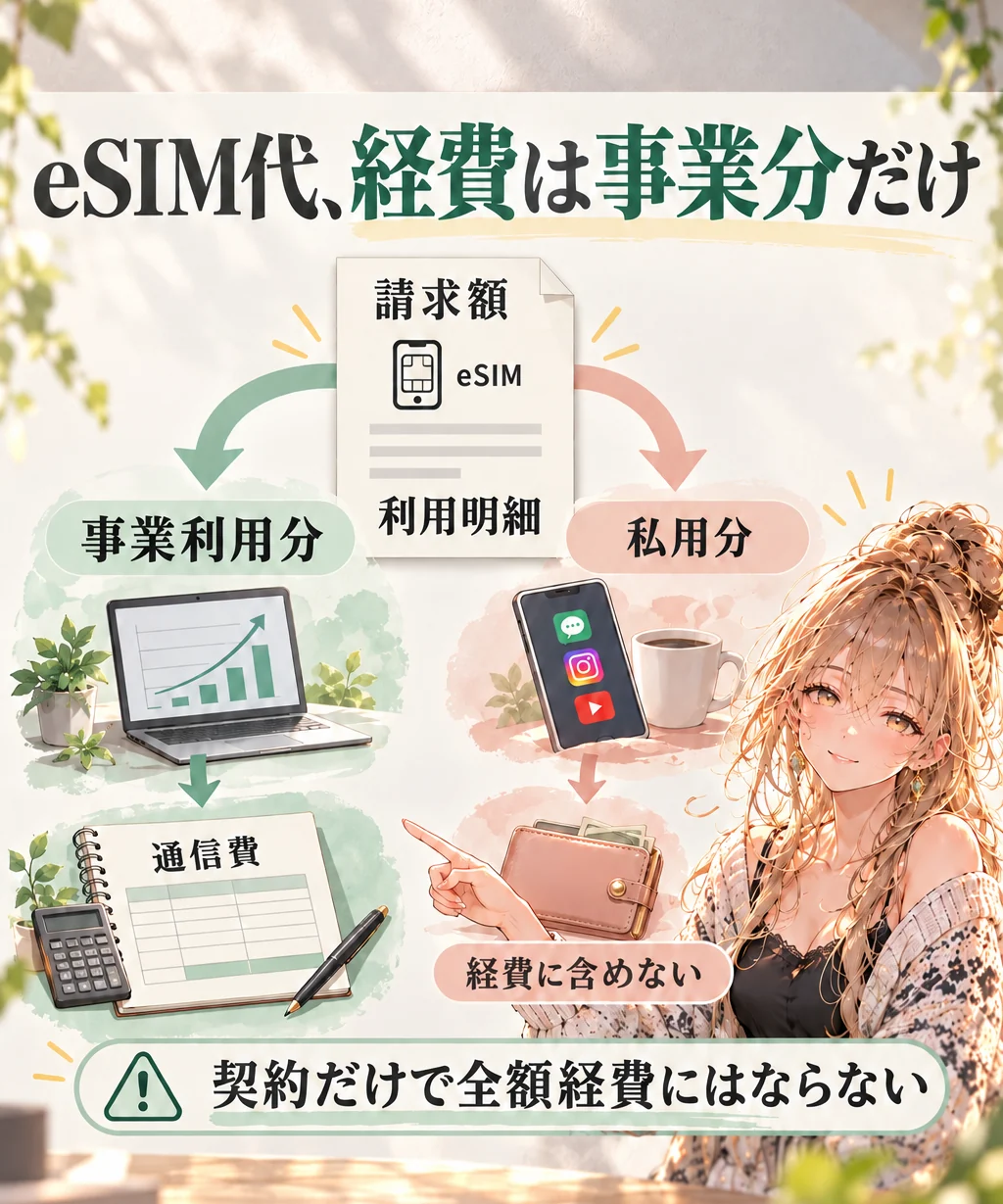 eSIM請求を事業利用分と私用分に分け、事業分だけを通信費へ整理する関係