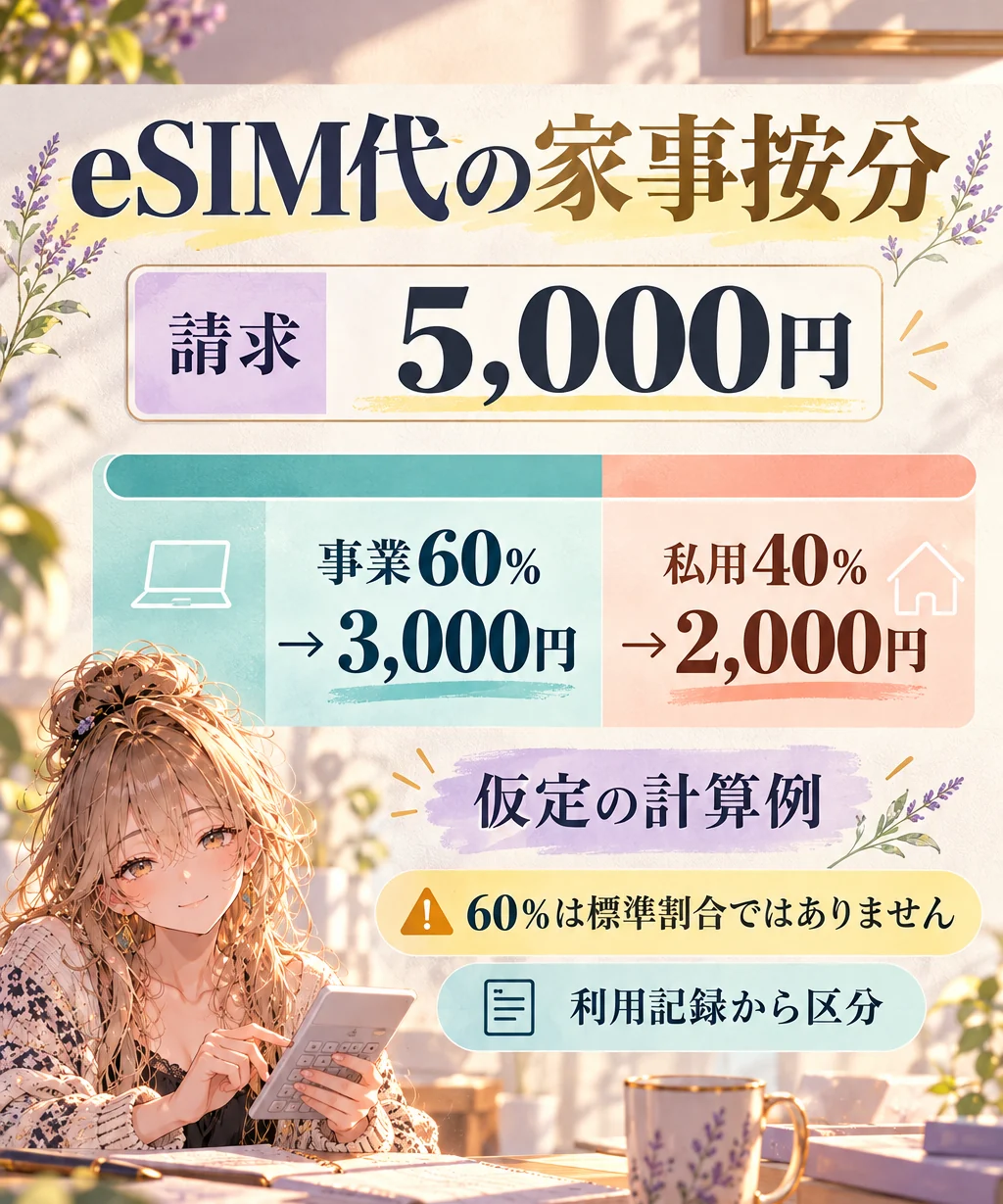 仮定の請求5,000円を事業60％の3,000円と私用2,000円に分ける計算