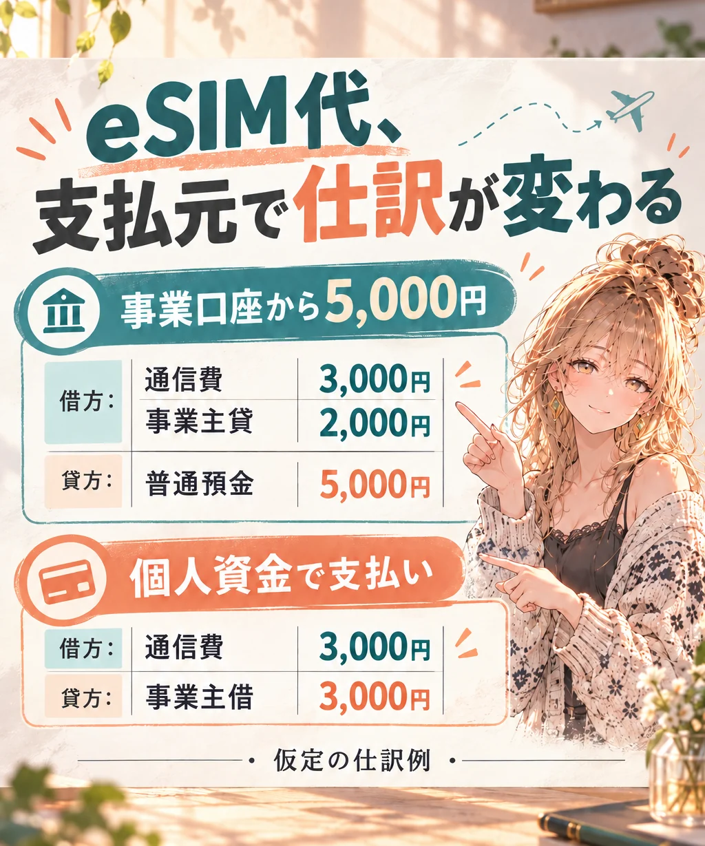 事業口座払いは通信費と事業主貸、個人資金払いは通信費と事業主借へ分ける仕訳