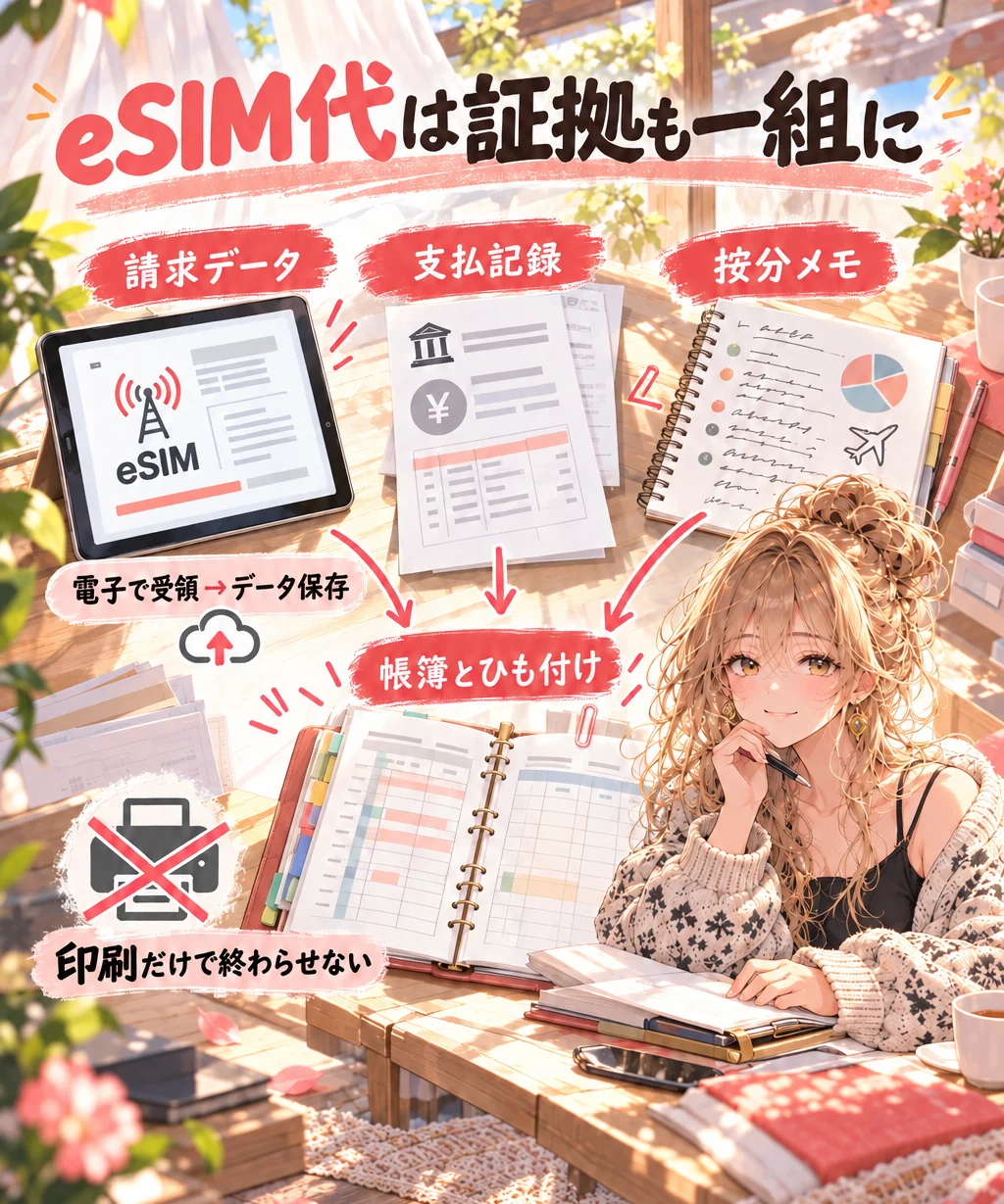 請求データ・支払記録・按分メモを帳簿へひも付け、電子データを保存する流れ