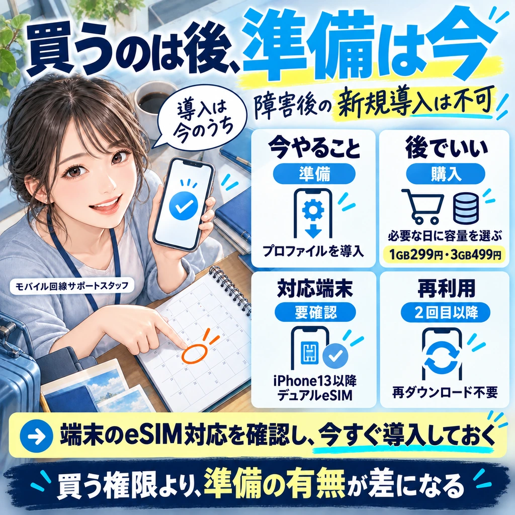 eSIMは購入を待ってよいが端末側の準備は今のうちに済ませるべきという判断軸を、対応端末・プラン料金・再利用のしやすさを比較形式でまとめたSNS用インフォグラフィック