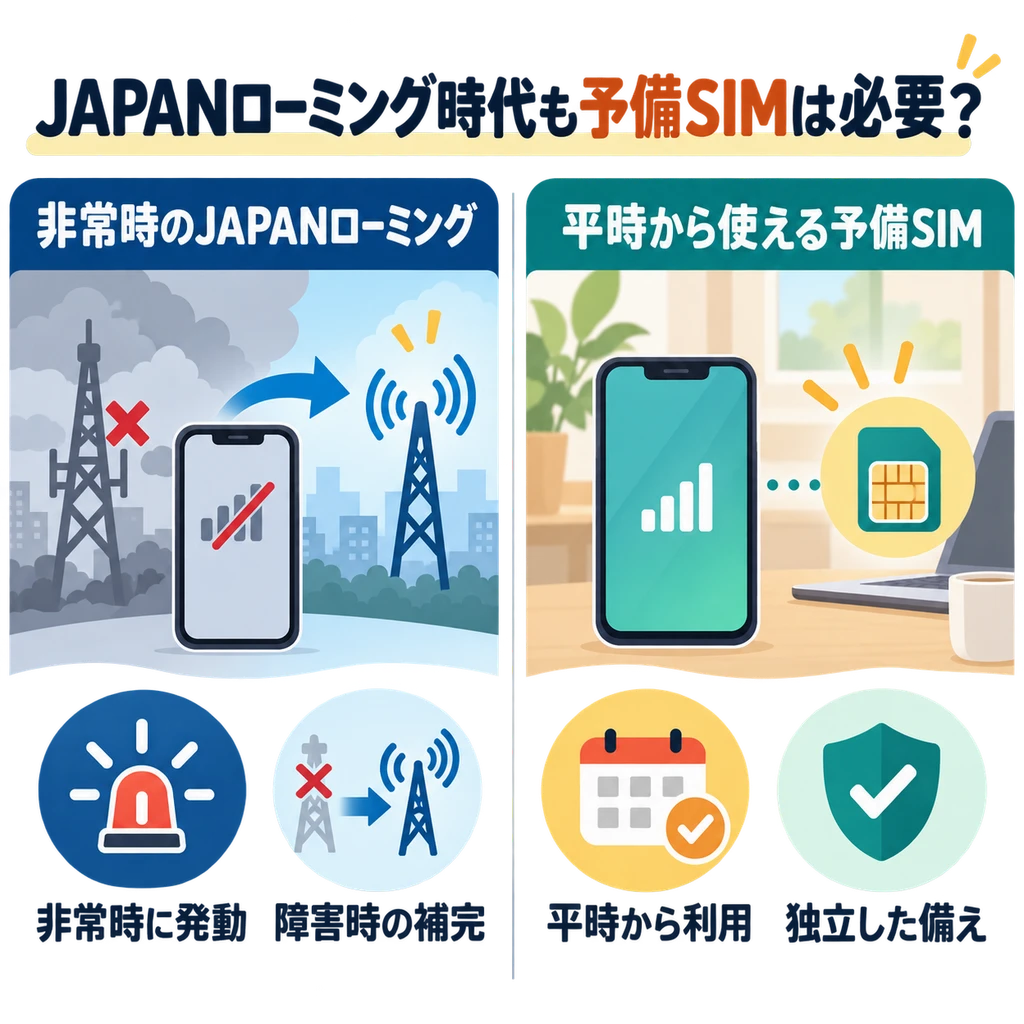 JAPANローミングと予備SIMの役割差を示す図解