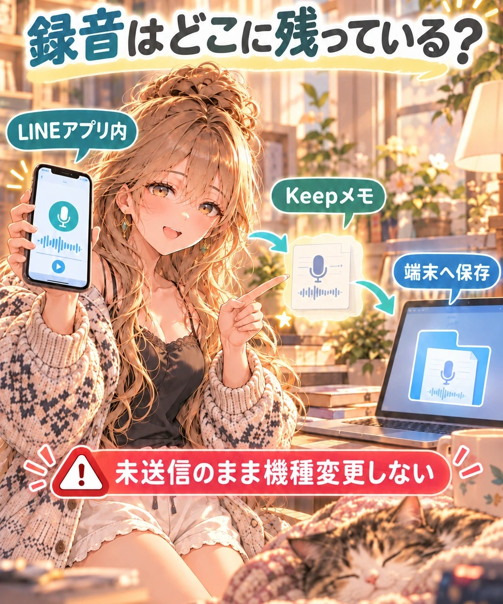 RG-07がLINEアプリ内、Keepメモ、端末ファイルの三つの置き場所を比較し、未送信データの退避を確認するイラスト