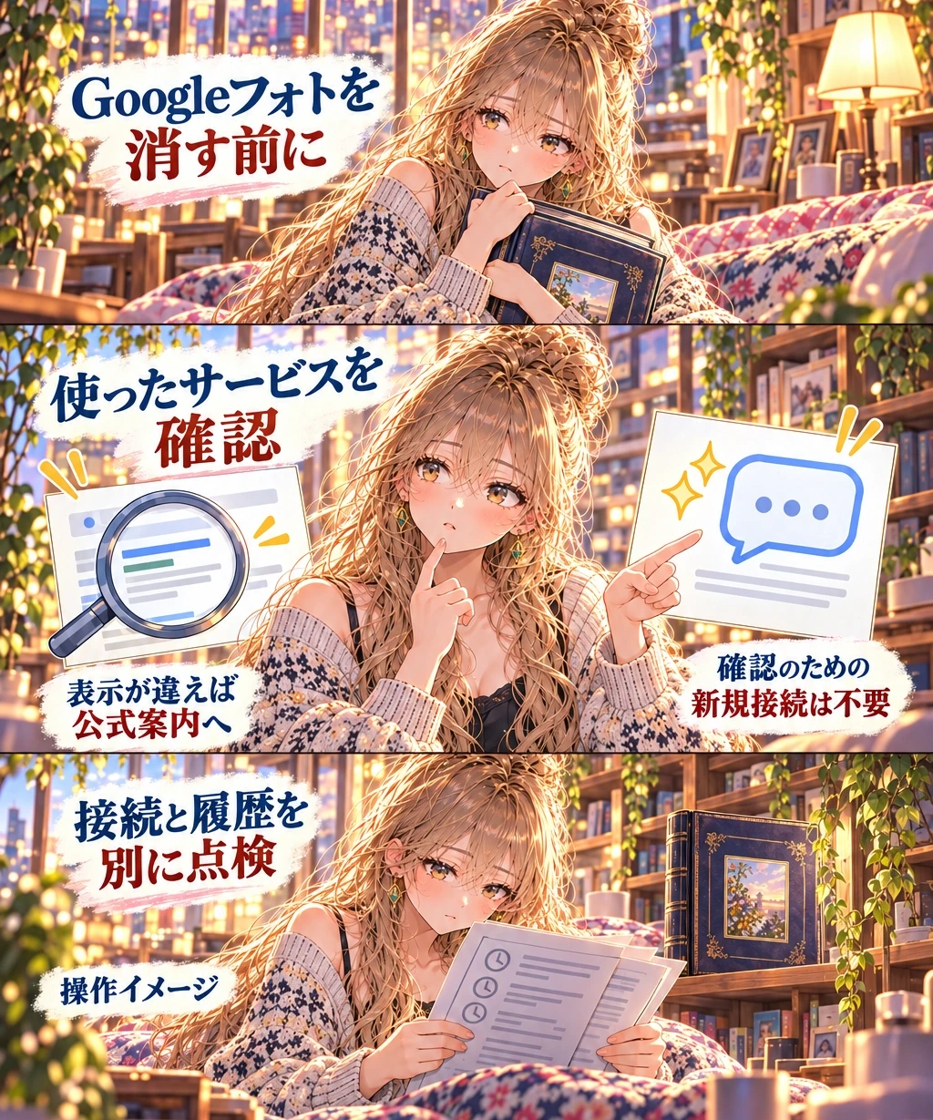 写真を消す前に、自分の接続と履歴を点検する