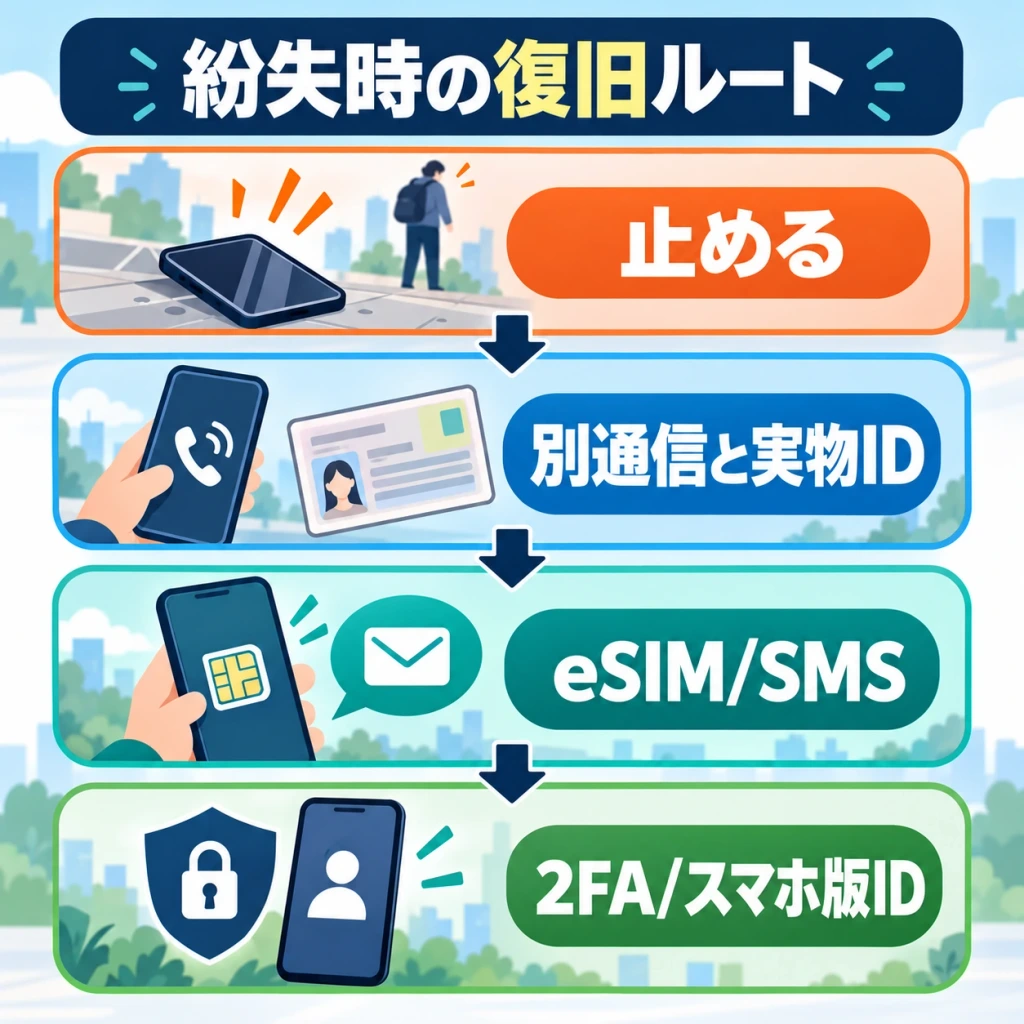 紛失時の回線と本人確認の復旧順序の図解