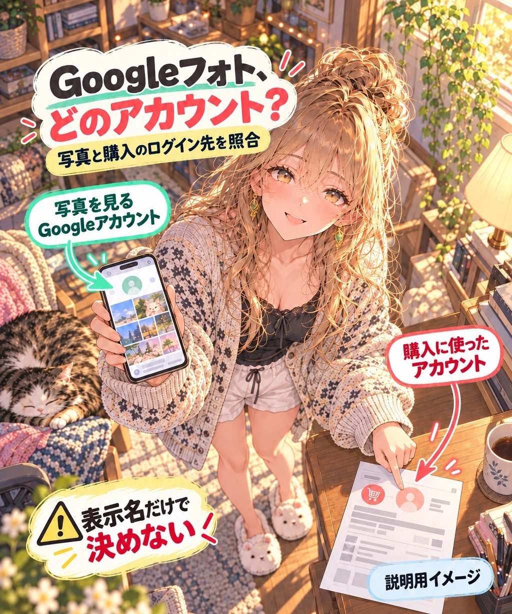 最初に、Googleフォトで見ているアカウントをそろえる