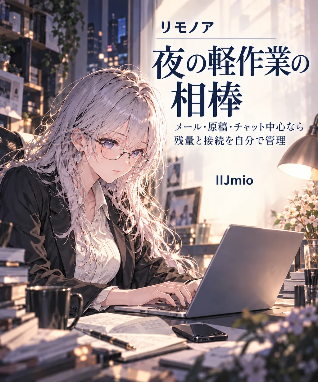IIJmioの向いている人:夜の軽作業の相棒。メール・原稿・チャット中心なら。残量と接続を自分で管理。