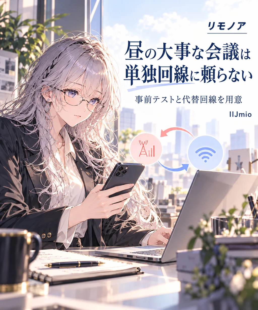 IIJmioの向いていない人:昼の大事な会議は。単独回線に頼らない。事前テストと代替回線を用意。