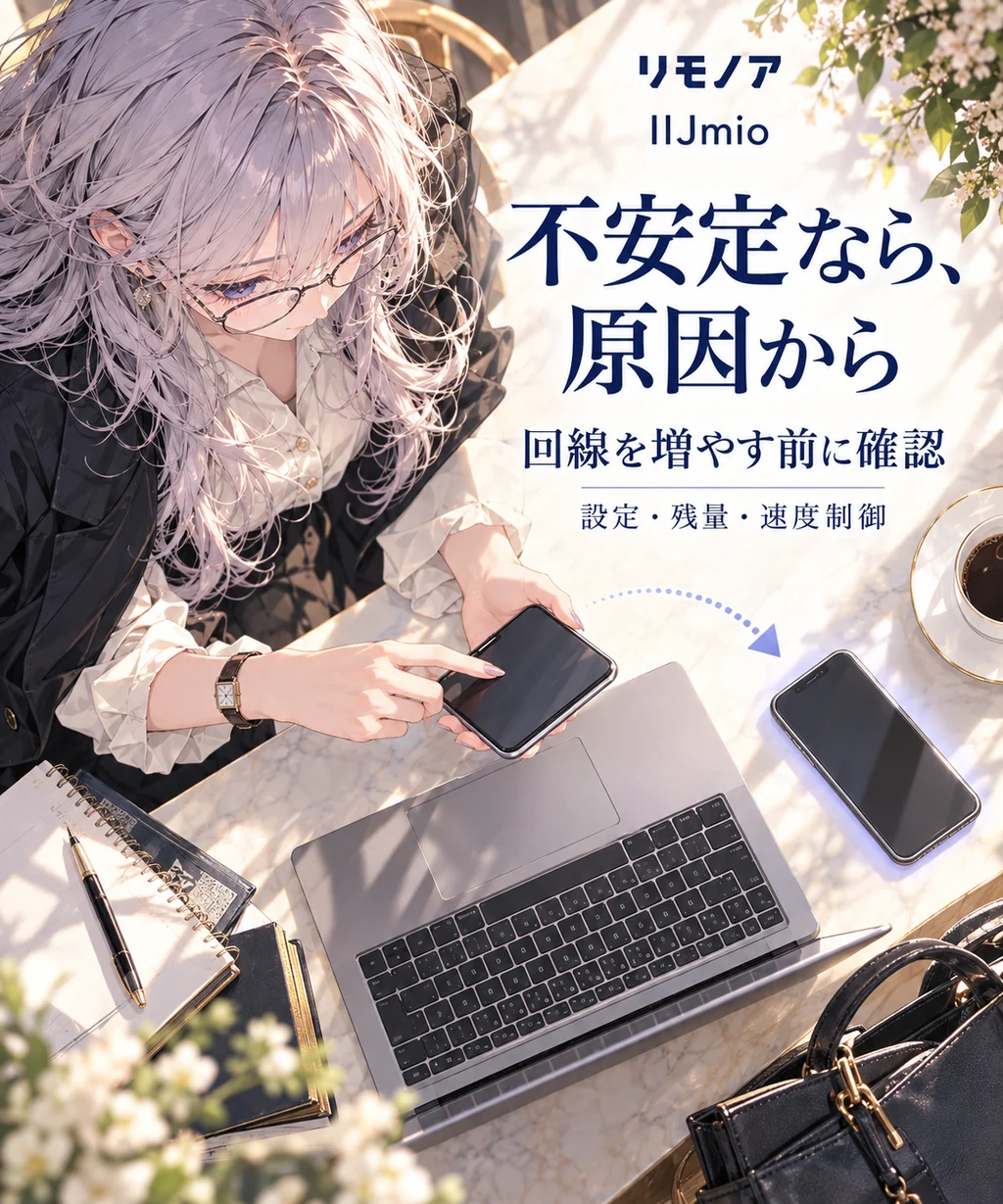 IIJmioの悩み別の次に読むページ:不安定なら、原因から。回線を増やす前に確認。設定・残量・速度制御。