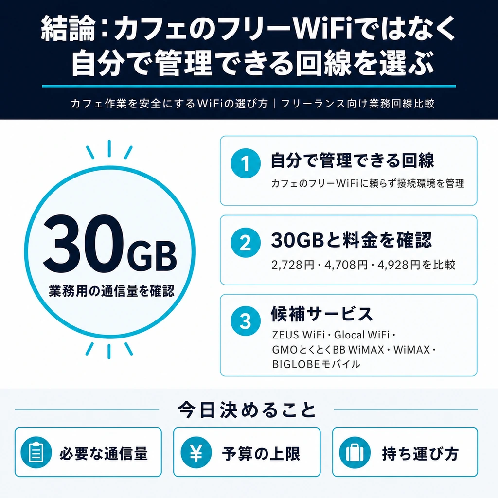 結論：カフェのフリーWiFiではなく自分で管理できる回線を選ぶの図解