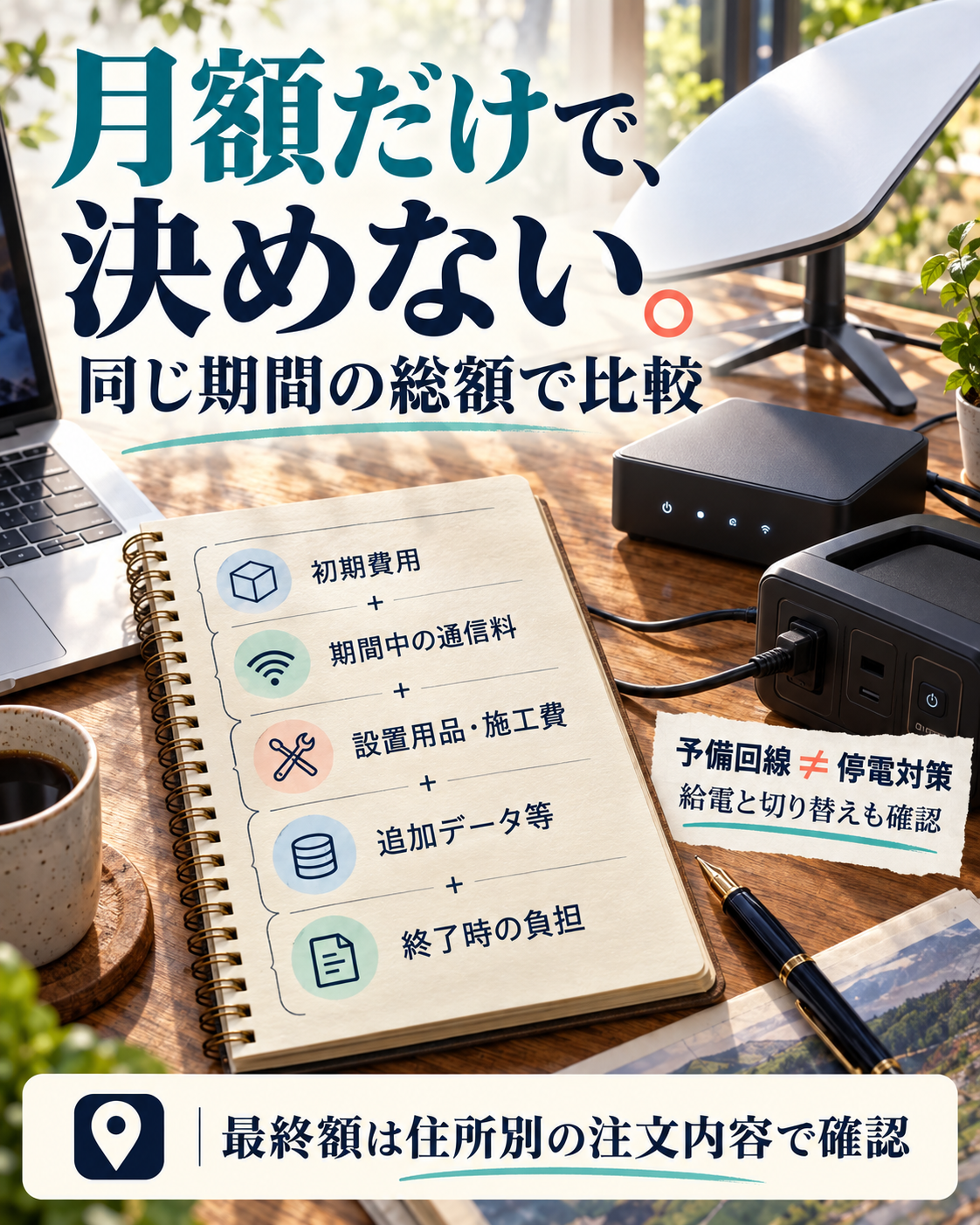 通信料だけでなく機器・設置・終了時の負担を比較し、停電には予備電源と切り替えを備える判断図