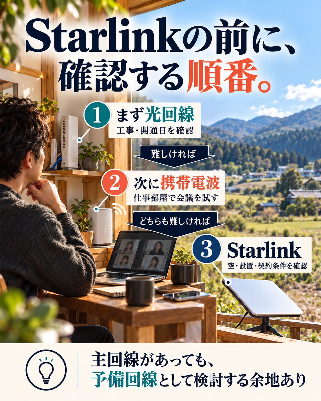 光回線、ホームルーター、Starlinkの順に仕事用回線を検討し、予備回線は別経路で備える判断図