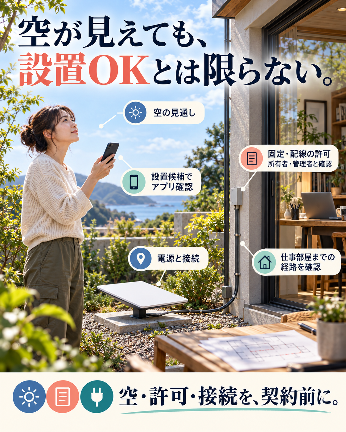 Starlinkの契約前に空の見通し、設置と配線の許可、電源を確認する判断図