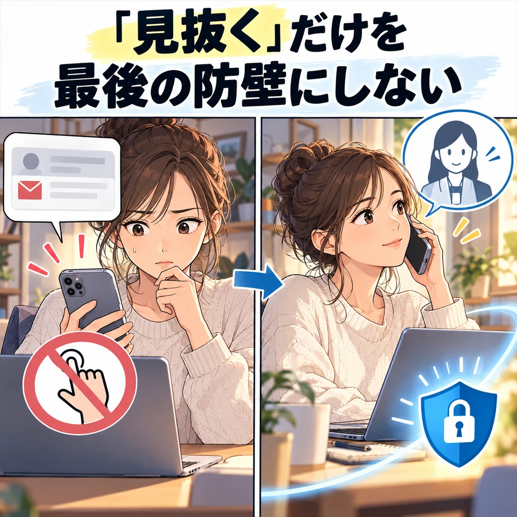 「怪しいメールを見抜く」を最後の防壁にしないの図解