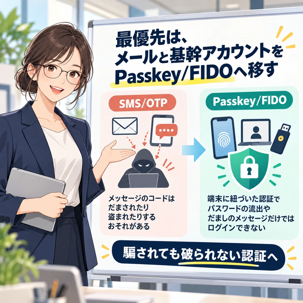 最優先は、メールと基幹アカウントをPasskey/FIDOへ移すの図解