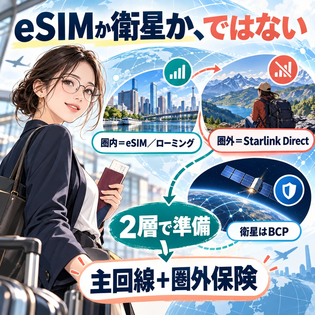 eSIMを主回線、Starlink Directを圏外対策として使う二層構成の図解
