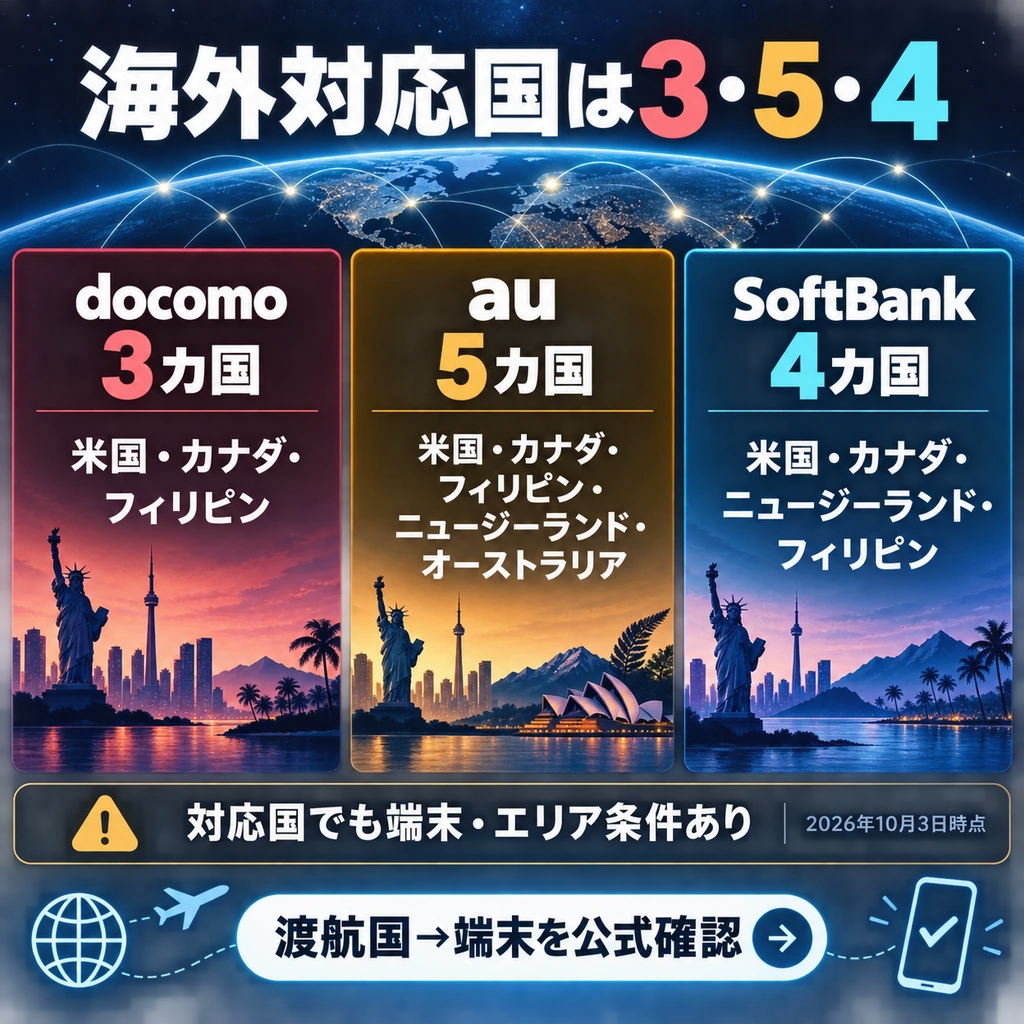 docomo・au・SoftBankの海外Starlink Direct対応国を比較した図解