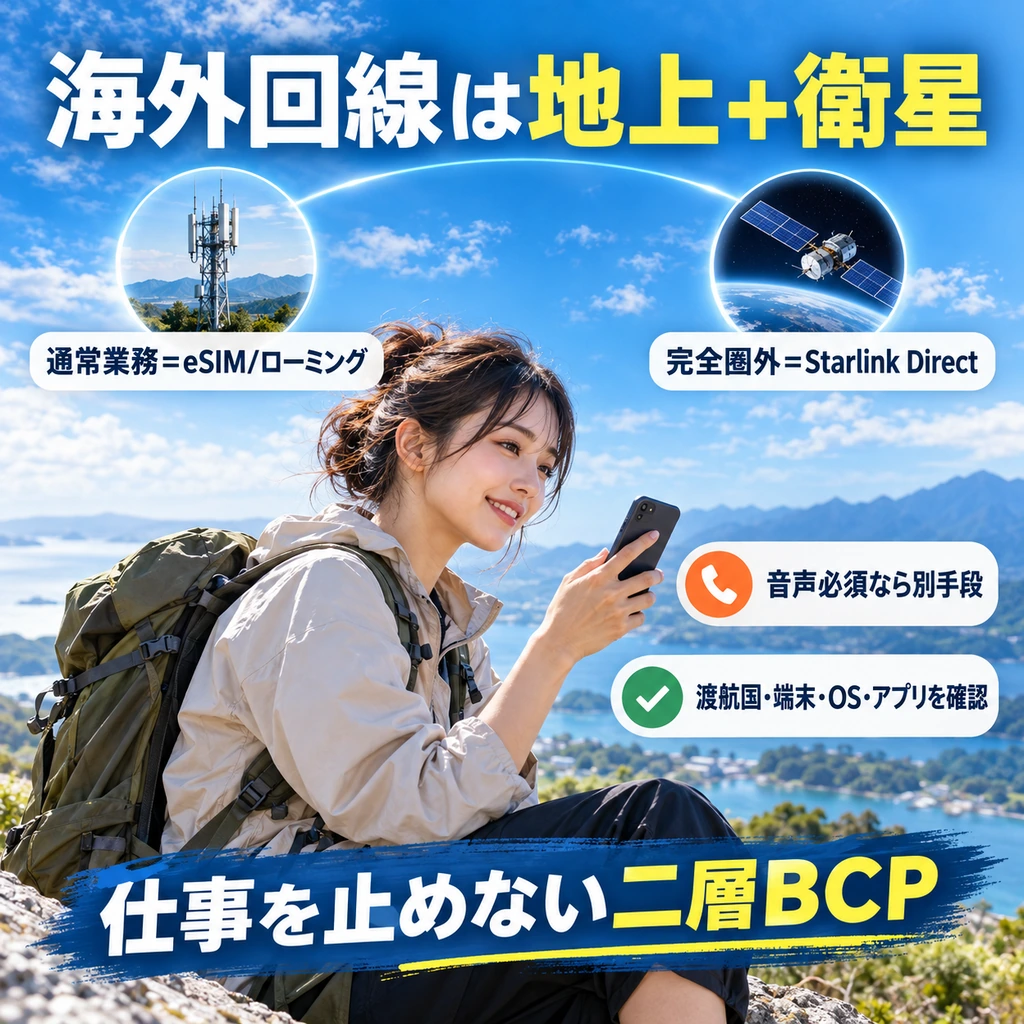 海外出張の通信を地上回線と衛星回線の二層で備える構成図