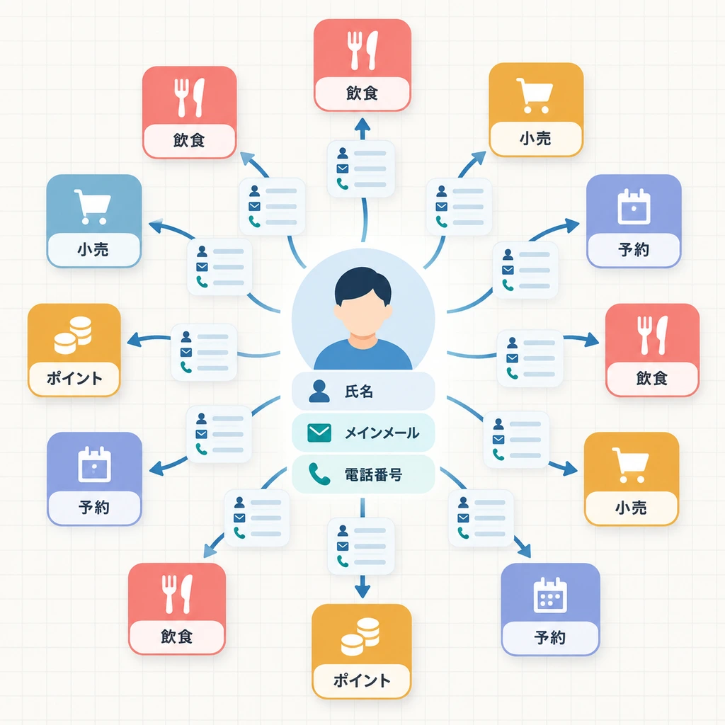 同じ氏名メール電話番号が複数の会員サービスに保存される構造を示した図