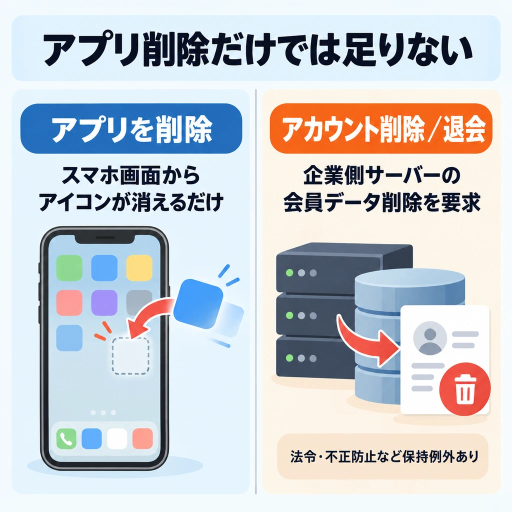 アプリ削除とアカウント削除の違いを示した比較図
