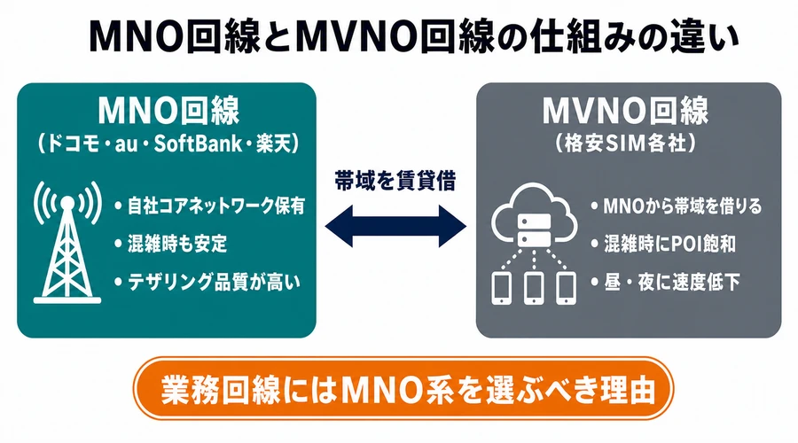 MNO・MVNO回線構造の比較図