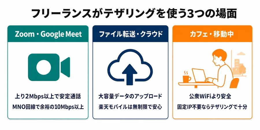 テザリングのビジネス利用シーン（Zoom・ファイル転送・カフェ）